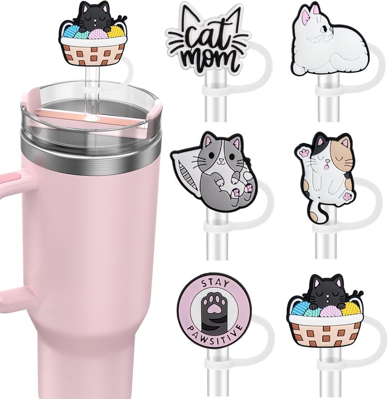 yomanta 6PCS Straw Covers for Stanley Cup Tumbler 30 oz / 40 oz Leak Proof Straw Toppers 10mm Silicone Cute Caps for Stanley Cup Accessories-Cute Cat - Image 1